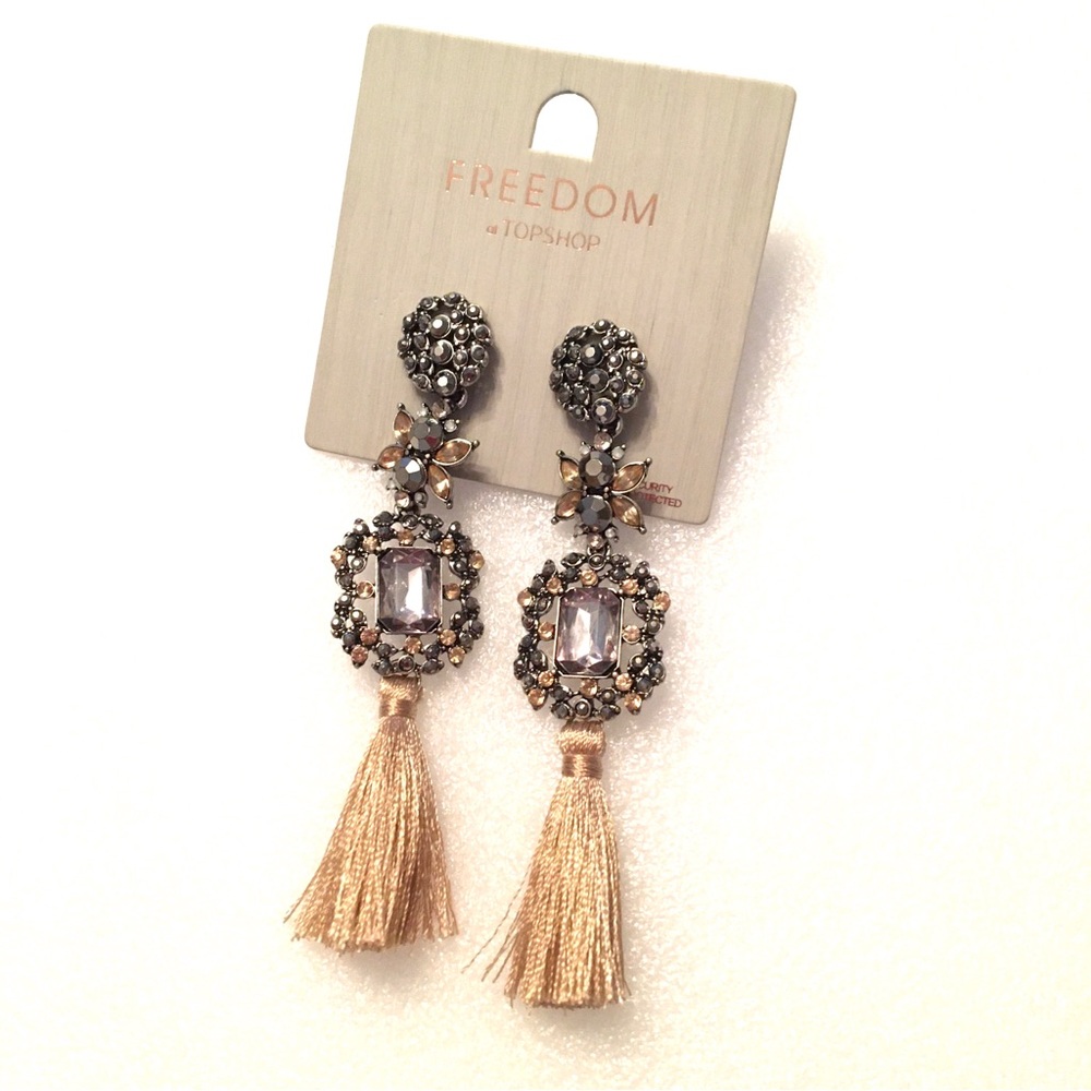 Topshop Gold-Tone Champagne Crystal Tassel Drop Earrings